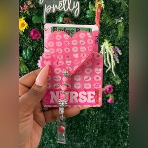 Custom Pink Heart Badge Reel & Badge Buddy with Beads